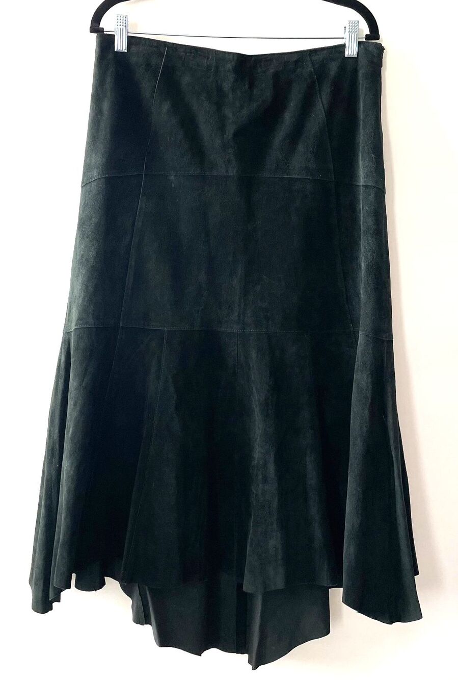Y2K CAbi Black Suede Leather Skirt Size 8 High Low Fishtail Hem Style 683